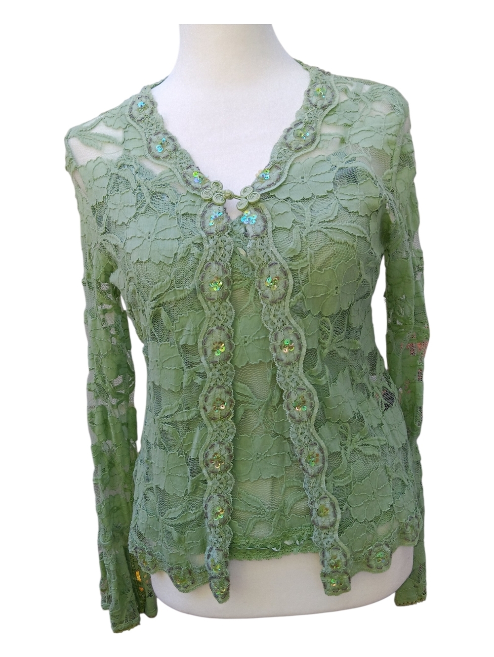 Green Lace Sequin Button-Up Cardigan